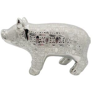 Ceramic Pig Figurine Metallic & Satin Silver Raised Painted Design Unique 9"x5.5